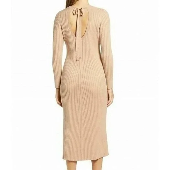 WAYF Ribbed Knit Midi Dress Long Sleeve‎ Tie Back Tan Size XL - Picture 2 of 8